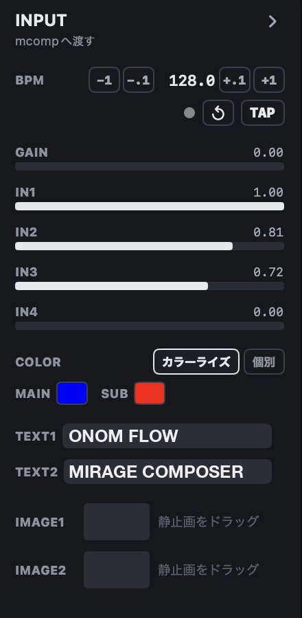 INPUT パネル。BPM、Gain、Input 1〜4、色、テキスト、画像